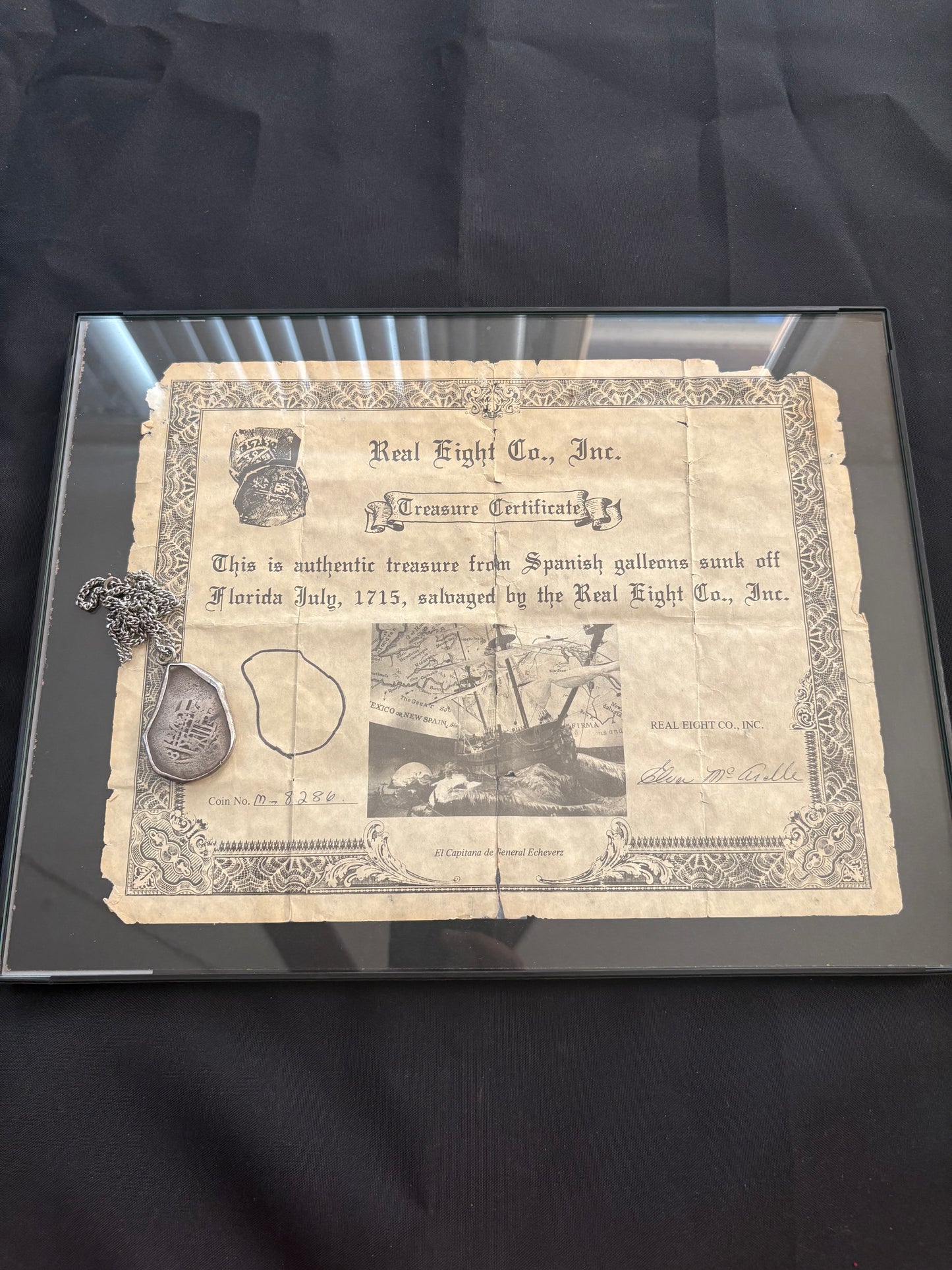 1715 Fleet 8 Reale, Mexico City Mint, NV Assayer, Original Real Eight Co. COA in Frame.