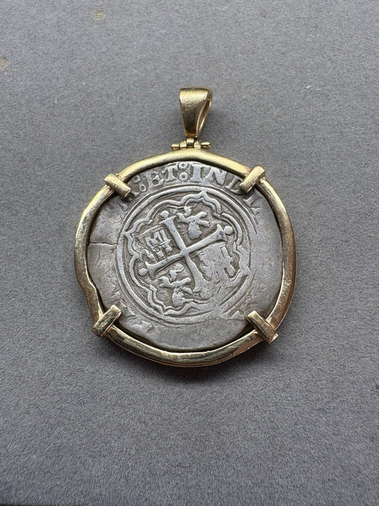 Atocha Shipwreck 4 Reale, Rare Mexico City Mint and O Assayer, 13.5 grams, Solid 14kt Gold Mounting,Napkin Deal Coin! CH9-41-1130