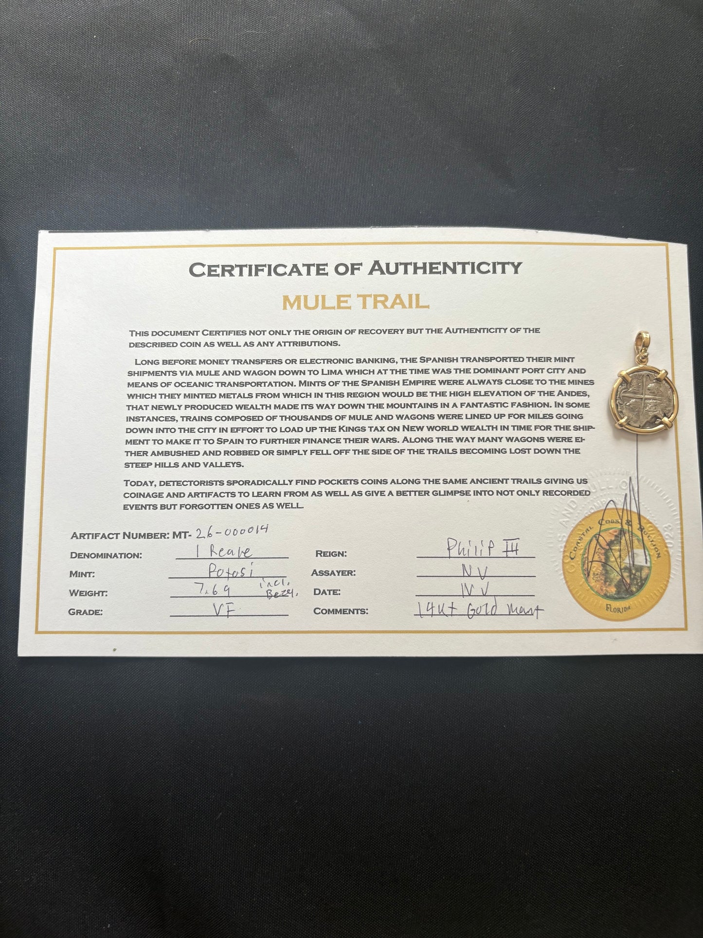 Land Found 1 Reale Pendant, Potosi Mint, T assayer, 7.69 Grams incl bezel, Solid 14kt Gold Mount. Mule Trail Find.