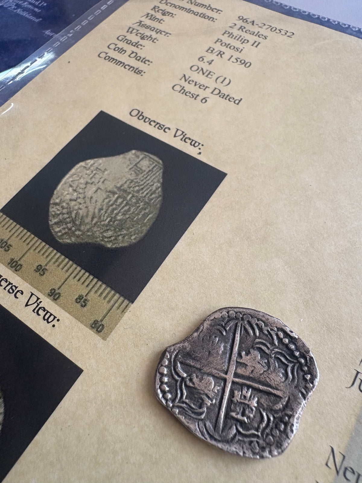 Rare Atocha Shipwreck 2 Reales, Potosi Mint, BR Assayer, Grade 1, 6.4 grams, Philip II Reign, COA and Flip.
