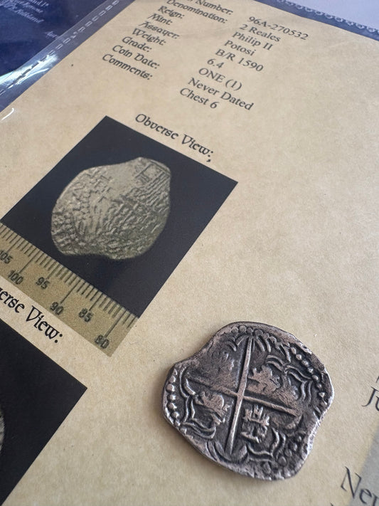 Rare Atocha Shipwreck 2 Reales, Potosi Mint, BR Assayer, Grade 1, 6.4 grams, Philip II Reign, COA and Flip.