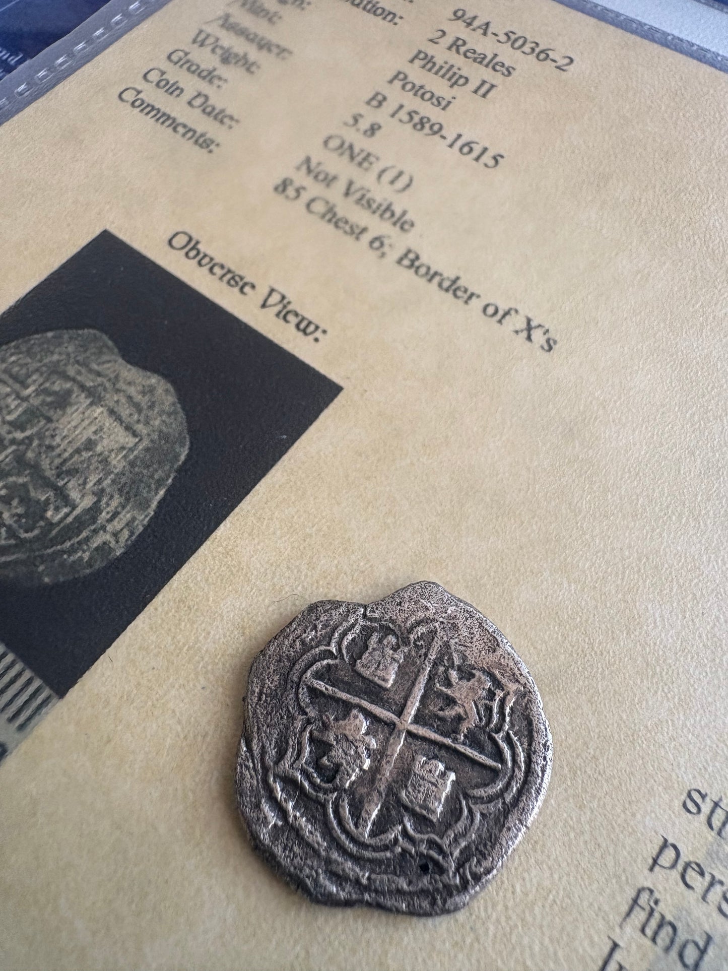 Rare Atocha Shipwreck 2 Reales, B Assayer with X Borders, Grade 1, 5.8 Grams, Philip II Reign, Potosi Mint, COA and Flip.