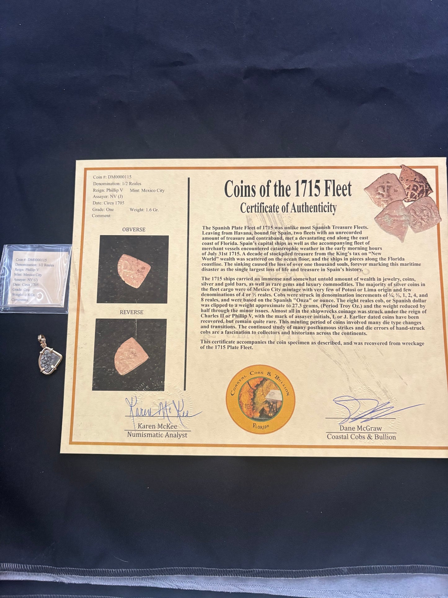 1715 Fleet Shipwreck 1/2 Reale Pendant, Mexico City Mint, J Assayer, 1.6 Grams, Philip V Reign, Solid 14kt Gold Mount.