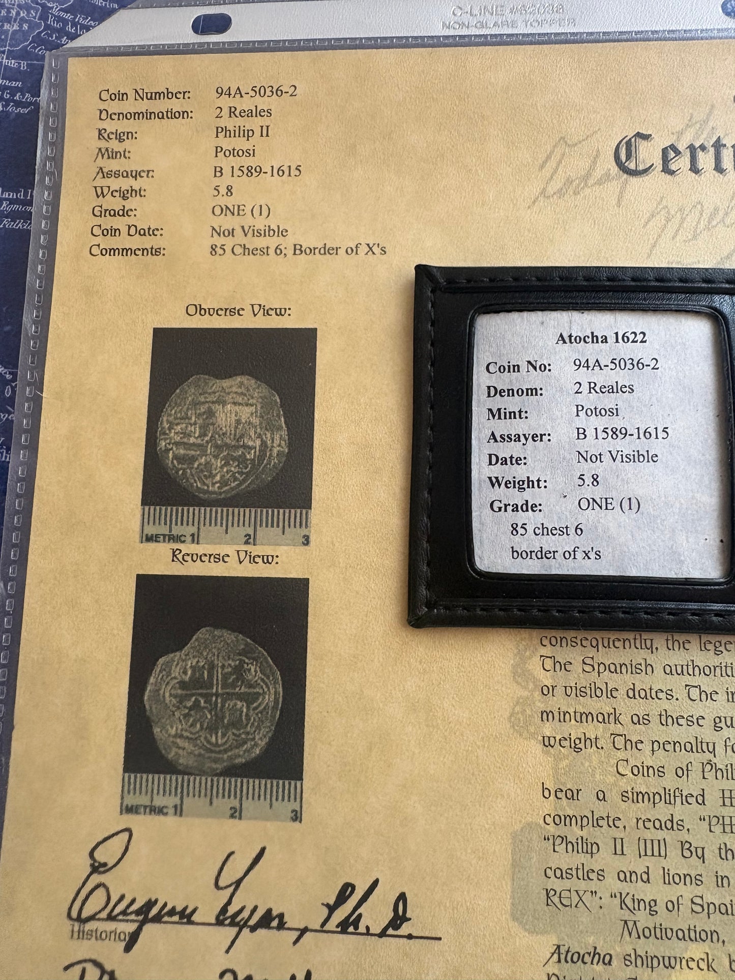 Rare Atocha Shipwreck 2 Reales, B Assayer with X Borders, Grade 1, 5.8 Grams, Philip II Reign, Potosi Mint, COA and Flip.
