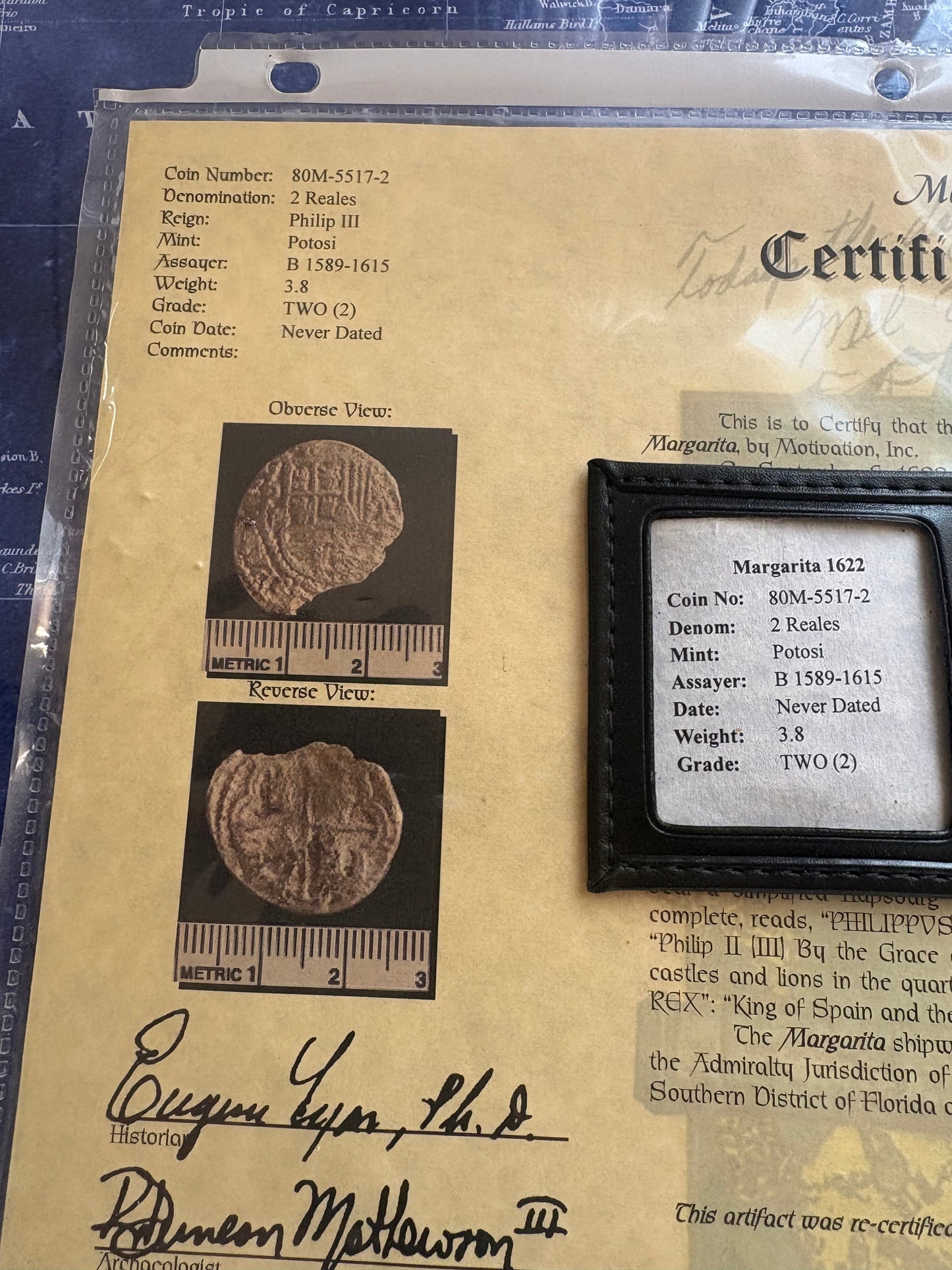 Rare Santa Margarita Shipwreck 2 Reales, Potosi Mint, B Assayer, Philip II Reign, Grade 2, 3.8 Grams, COA and Flip.