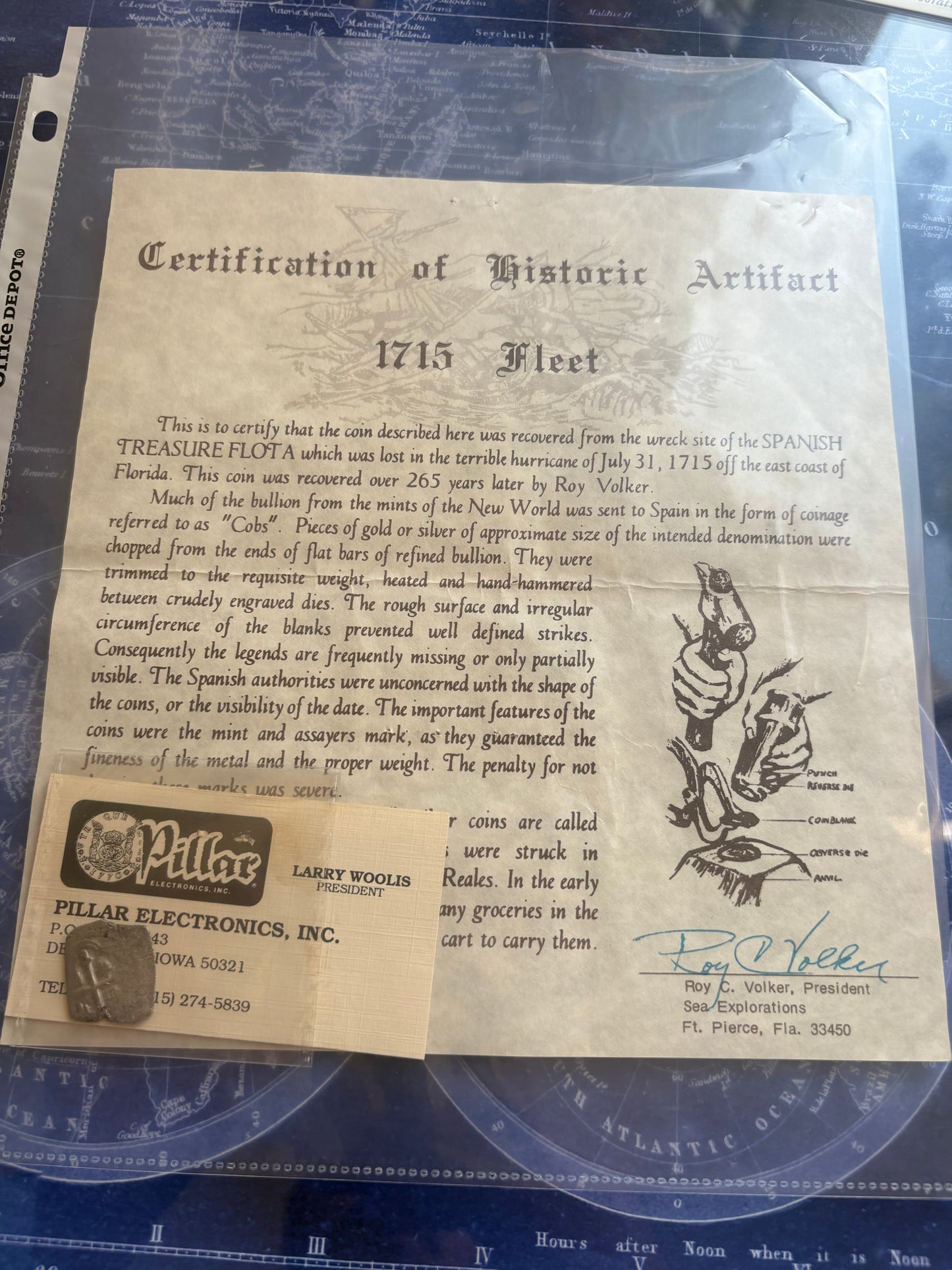 1715 Fleet Shipwreck 2 Reale, Mexico City Mint, 5.8 grams, Philip V Reign, Roy Volker COA.