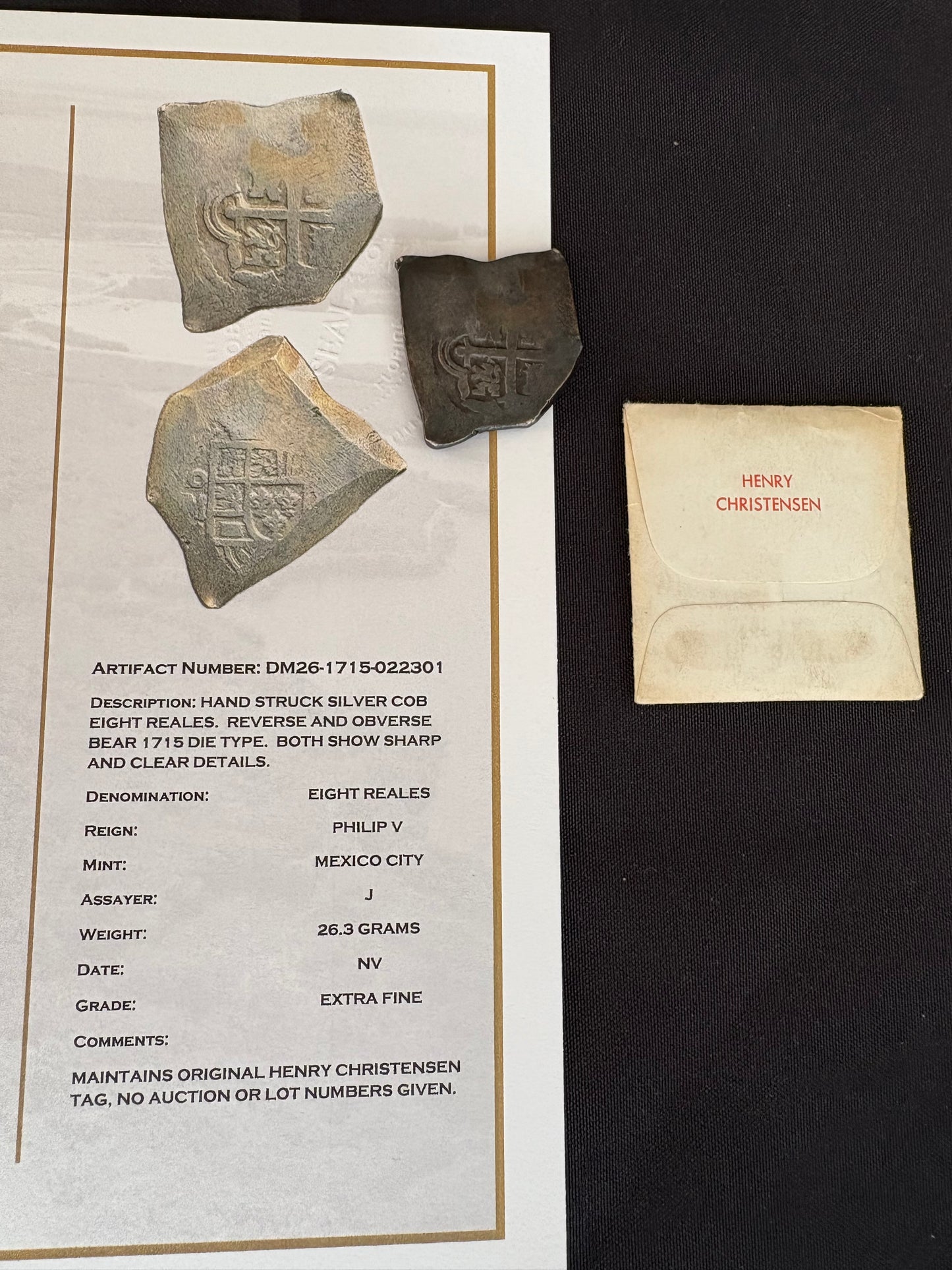 1715 Fleet Shipwreck 8 Reales, Mexico City Mint, J Assayer, 26.3 Grams Full Weight, Original Henry Christensen Tag.