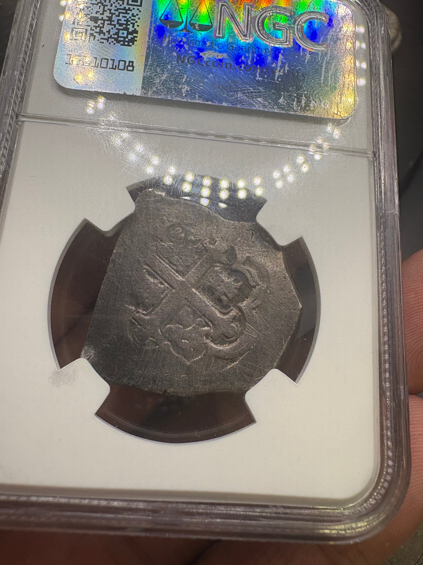 1715 Fleet Shipwreck 4 Reale, 1715 Full date, Royal Reverse Die, Mexico City Mint, 13.4 Grams, J Assayer, Ex Christensen Auction with Tag.