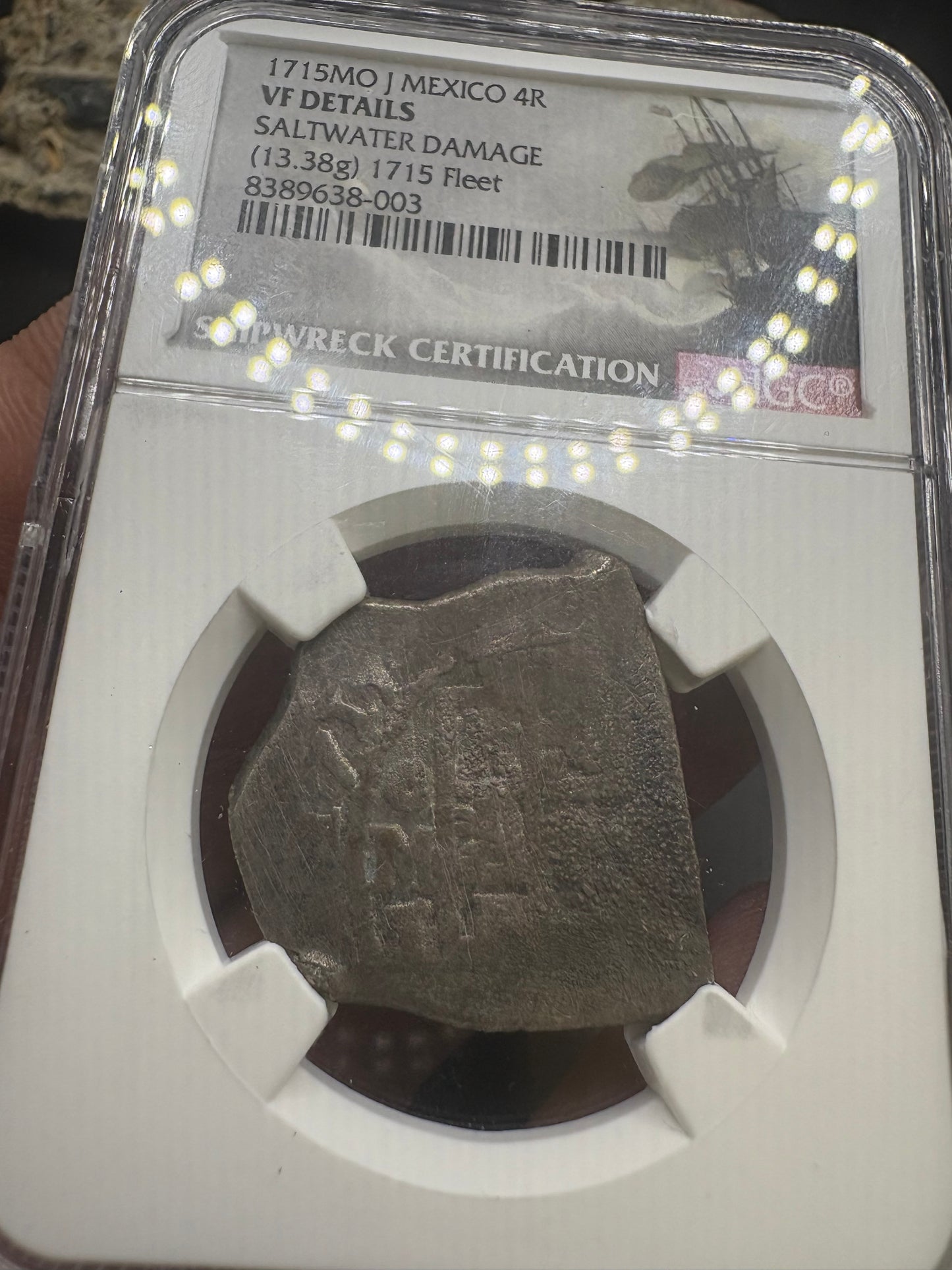 1715 Fleet Shipwreck 4 Reale, 1715 Full date, Royal Reverse Die, Mexico City Mint, 13.4 Grams, J Assayer, Ex Christensen Auction with Tag.