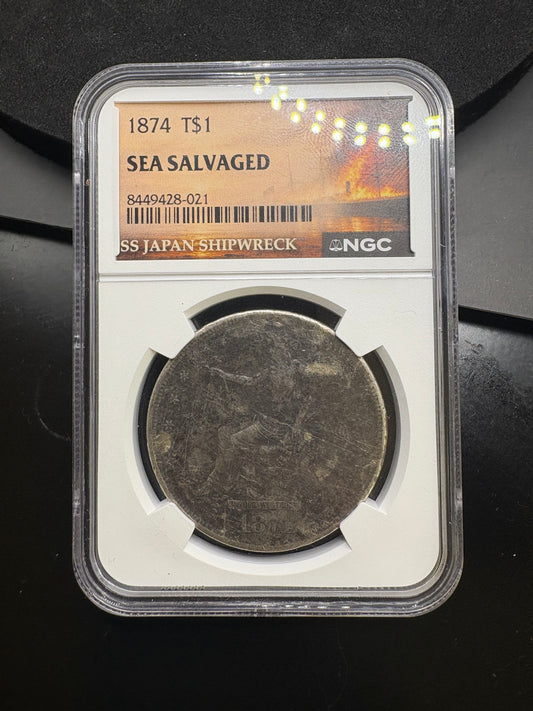 SS Japan Shipwreck 1874 Trade Dollar NGC Sea Salvaged with Paper COA